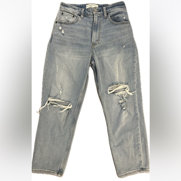 Abercrombie & Fitch Curve Love Mom Jeans Women's 24/0 High Rise Blue Distressed - Picture 1 of 8